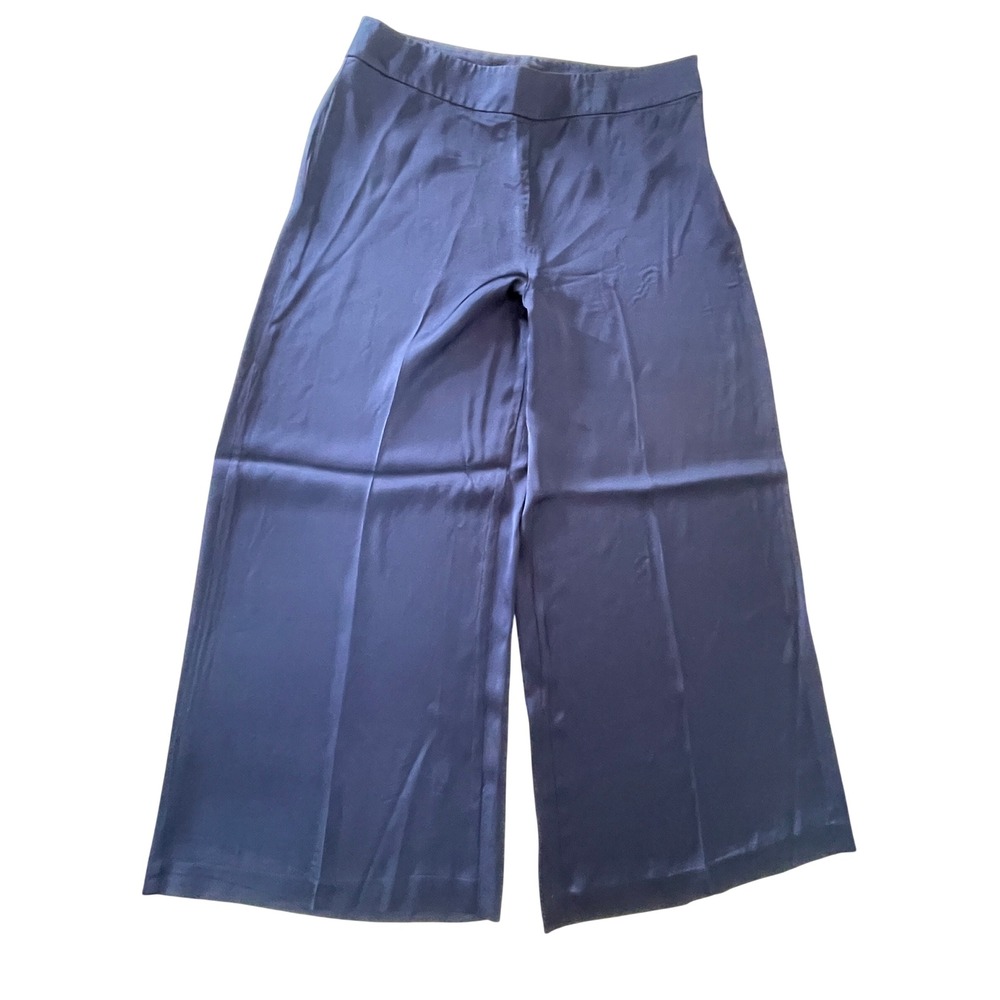 Ann Taylor Womens Navy Blue Satin Wide Leg Trousers High Rise Viscose Size 12